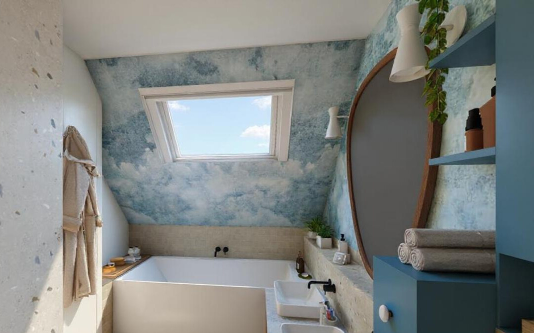 Rénovation d’une salle de bain et création d’une buanderie sous pente : un projet sur mesure, entre contemporain et éclectique chic