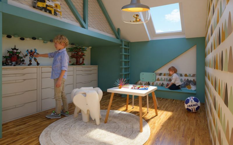 chambre d'enfant mansardée avec une mezzanine pour plus d'espace de jeux, un lit cabane et des rangements malins