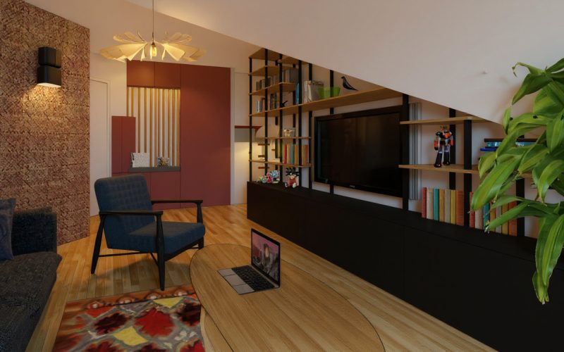 ambiance chaleureuse dans un salon sous les toits. bibliothèque sur-mesure